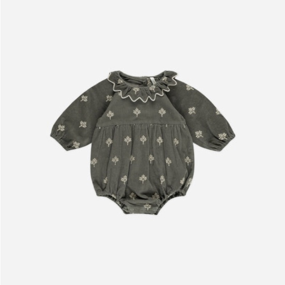 Rylee + Cru Charcoal Romper with Cream Floral Design